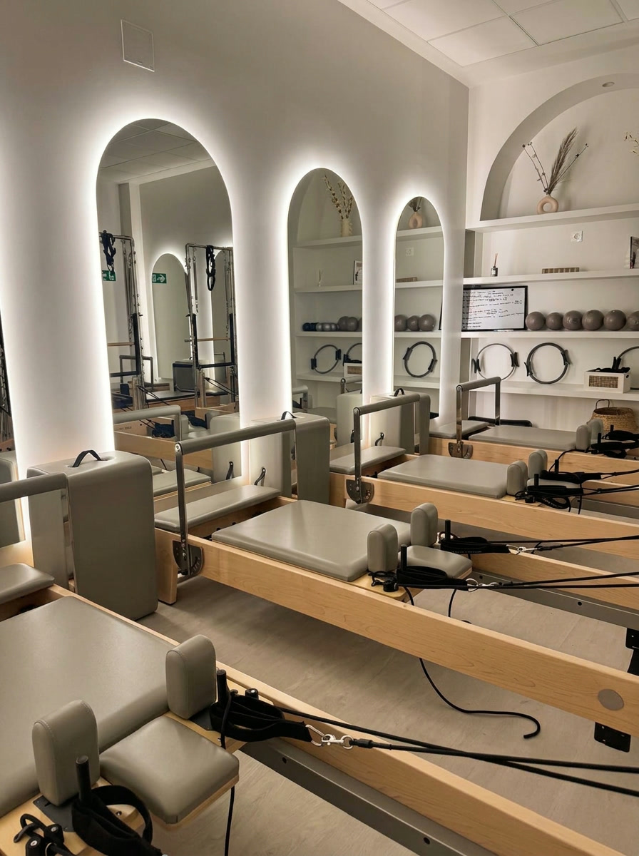 Fila de reformers de madera frente a los espejos con arcos retroiluminados del estudio